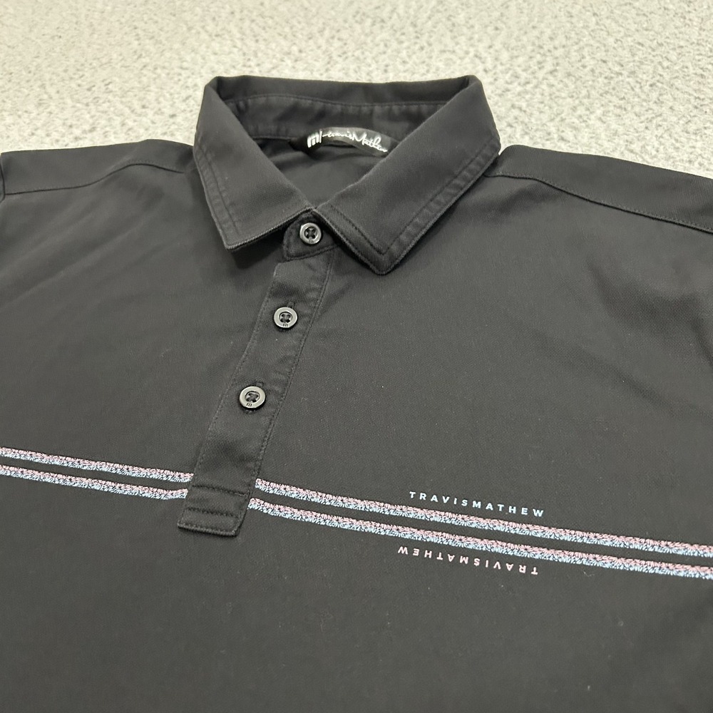 Travis Mathew Shirt Mens Medium Black Polo Striped Golf Cotton Polyester Adult